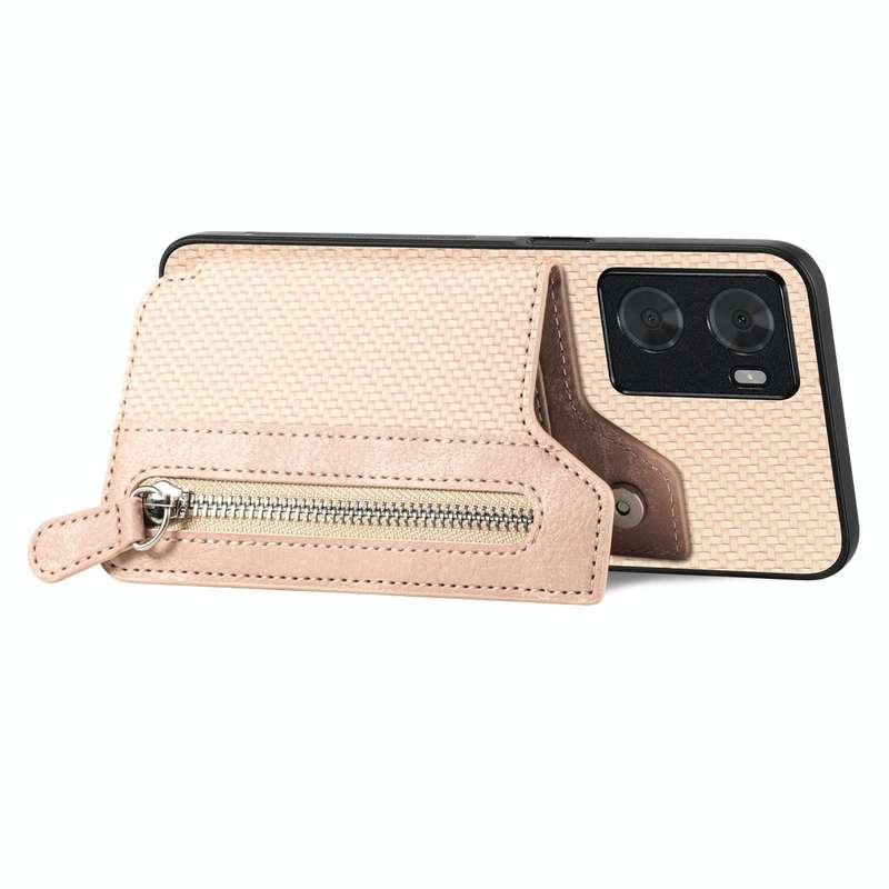 For OPPO A57 4G Carbon Fiber Flip Zipper Wallet Phone Case(Khaki)