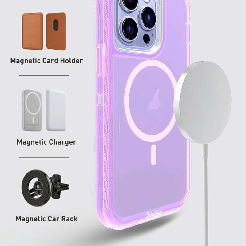 For iPhone 15 Shockproof MagSafe Magnetic Phone Case(Transparent Purple)