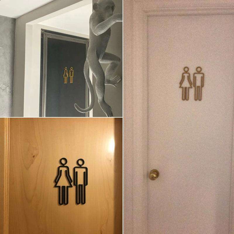 2 PCS Acrylic Toilet Symbol Adhesive Backed Bathroom Toilet Door Sign for Hotel(Gold)