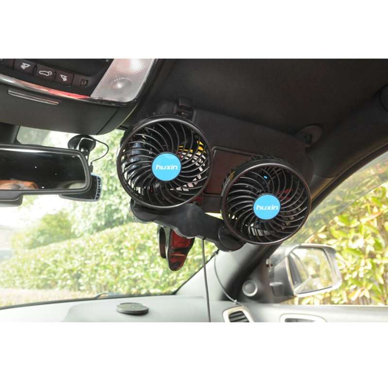 HUXIN HX-T605E 7W 360 Degree Adjustable Rotation Clip Two Head Low Noise Mini Electric Car Fan wi...