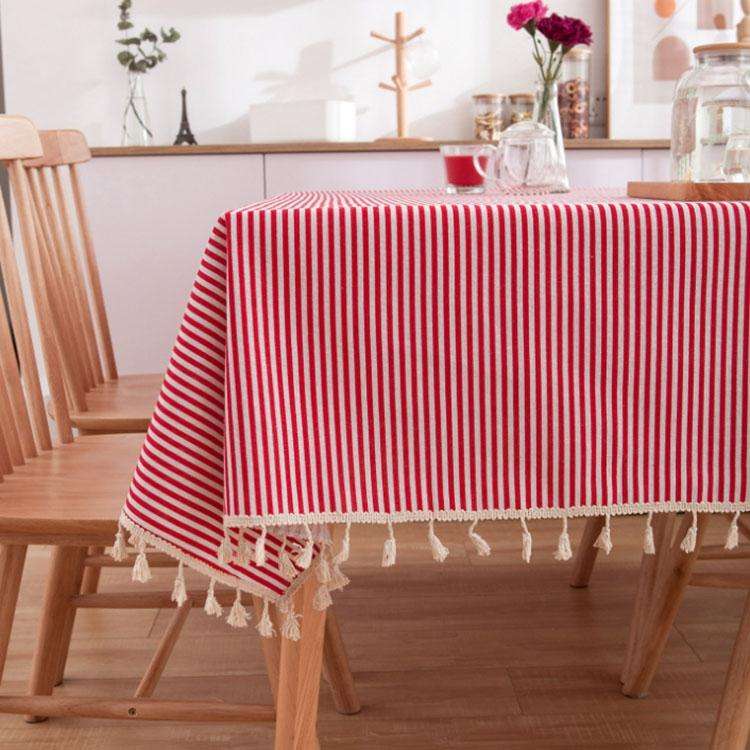 Tassel Lace Daisy Print Cotton Linen Tablecloth, Size:60x60cm(Red Stripes)