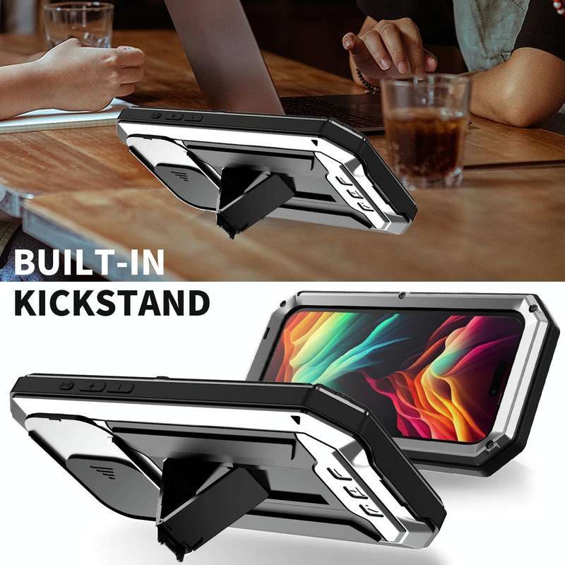 For iPhone 15 Pro Max R-JUST Sliding Camera Life Waterproof Holder Phone Case(Silver)