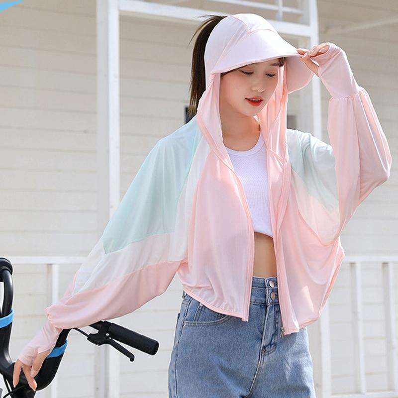 Women Short Shawl Hooded Breathable Sun Protection Clothes Outdoor, Size: One Size(Colorblock Green)