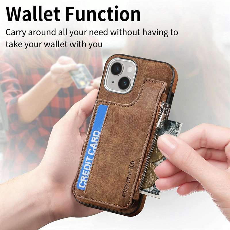 For iPhone 15 Magsafe Zipper RFID Wallet All-inclusive Shockrpoof Phone Case(Brown)