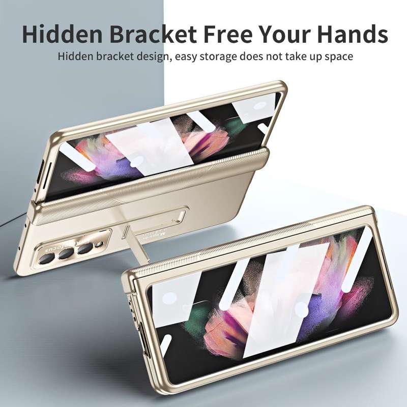 For Samsung Galaxy Z Fold3 5G Electroplating Corrugated Hinge Folding Phone Case(Champagne Gold)