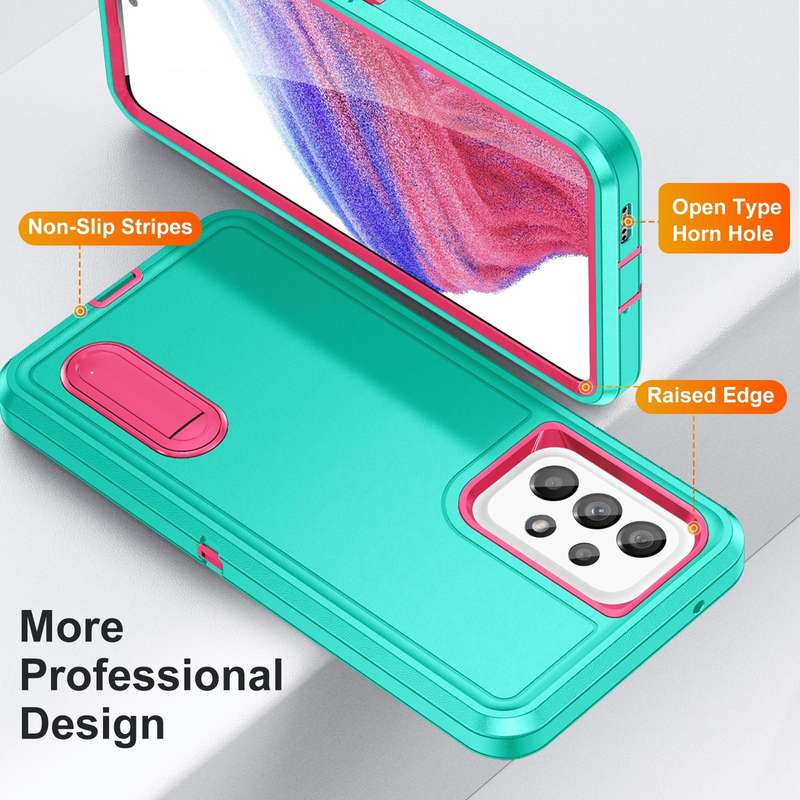 For Samsung Galaxy A53 3 in 1 Rugged Holder Phone Case(Blue + Pink)