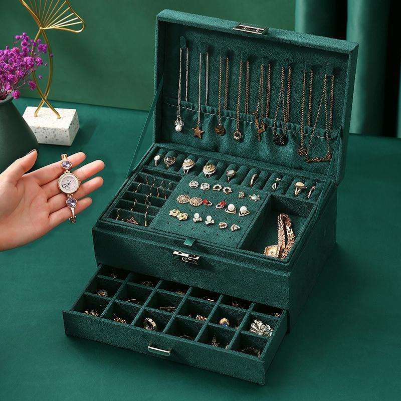 Three Layers Retro Flannel Earrings Ring Necklace Jewelry Storage Box, Specification: 24 x17 x 11...