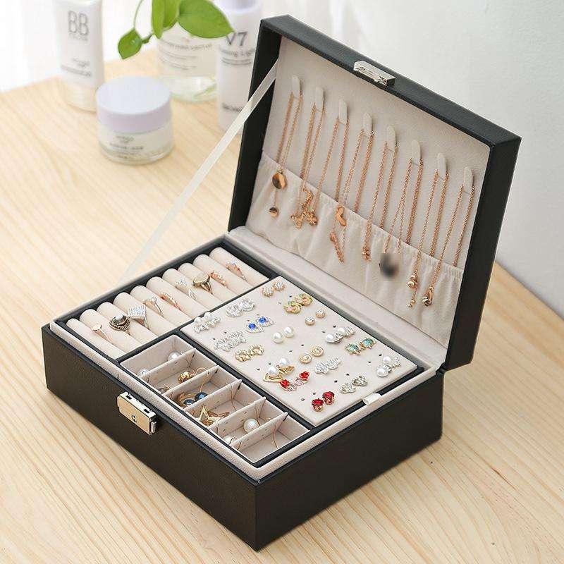 Simple Double-Layered Wooden Leather Jewelry Box With Lock Earrings Jewelry Box(Gray)