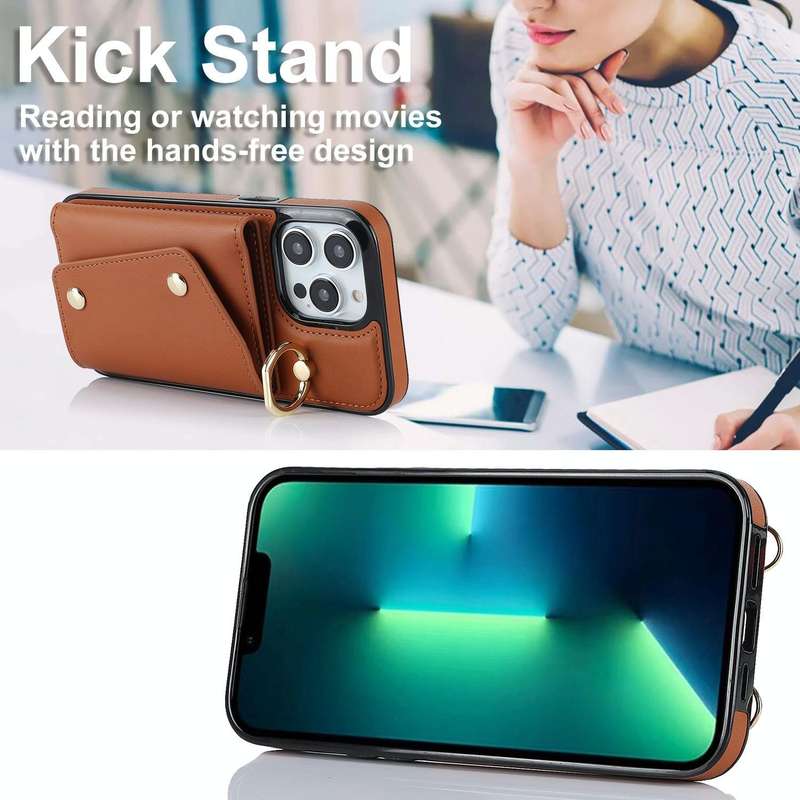 For iPhone 13 Pro Max Zipper Card Bag Phone Case with Dual Lanyard(Brown)