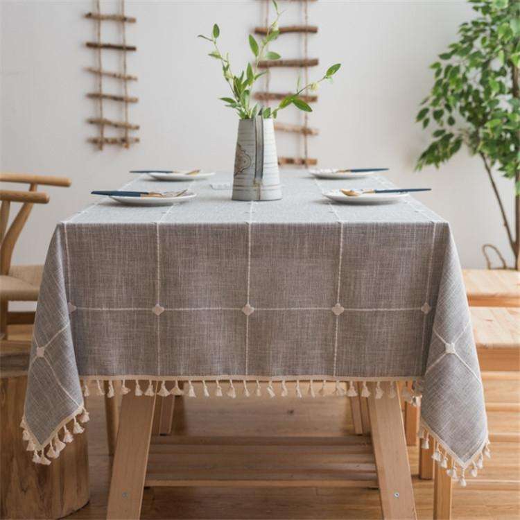 Square Lattice Embroidered Tablecloth Pure Color Cotton Linen Tassel Rectangular Coffee Table Mat...