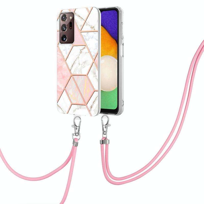For Samsung Galaxy Note20 Ultra Electroplating Splicing Marble TPU Phone Case with Lanyard(Pink W...