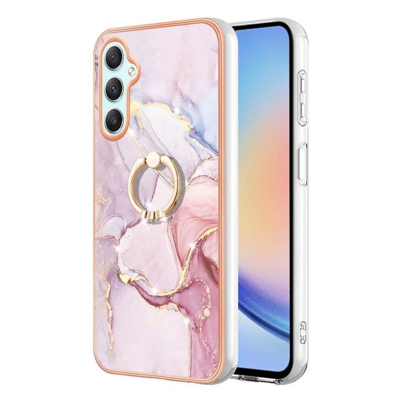 For Samsung Galaxy A24 4G Electroplating Marble IMD TPU Phone Case with Ring Holder(Rose Gold 005)