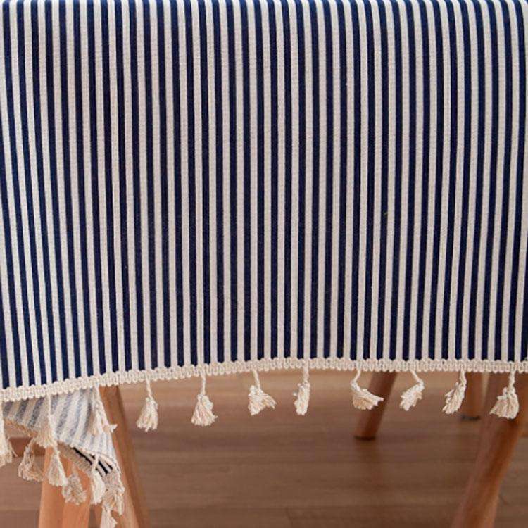 Tassel Lace Daisy Print Cotton Linen Tablecloth, Size:60x60cm(Navy Blue Stripes)