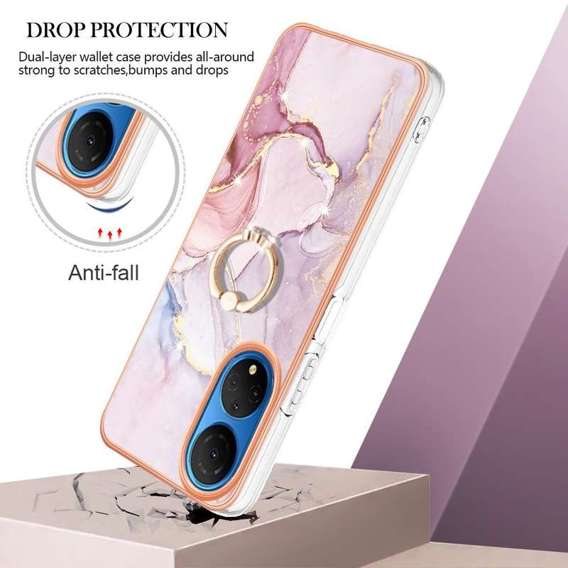 For Honor X7 Electroplating Marble IMD TPU Phone Case with Ring Holder(Rose Gold 005)