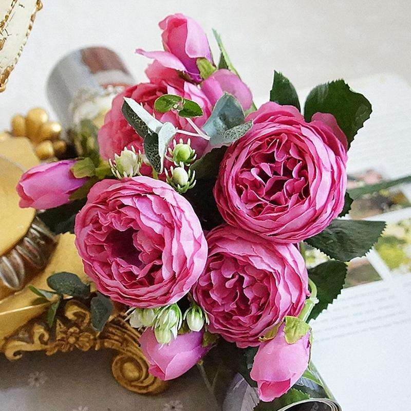 5 PCS Artificial Rose Flowers Small Bouquet Flores Home Party Wedding Fake Flower Decoration(Pink)