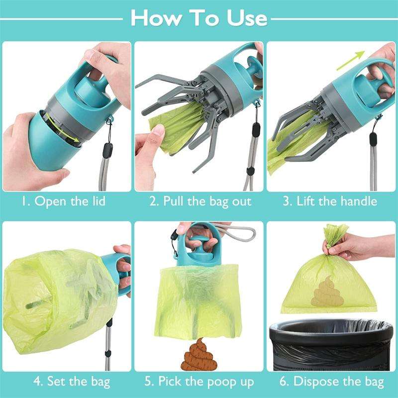 Six-claw Dog Pooper Scooper With Built-in Poop Bag Dispenser(Blue Gray)