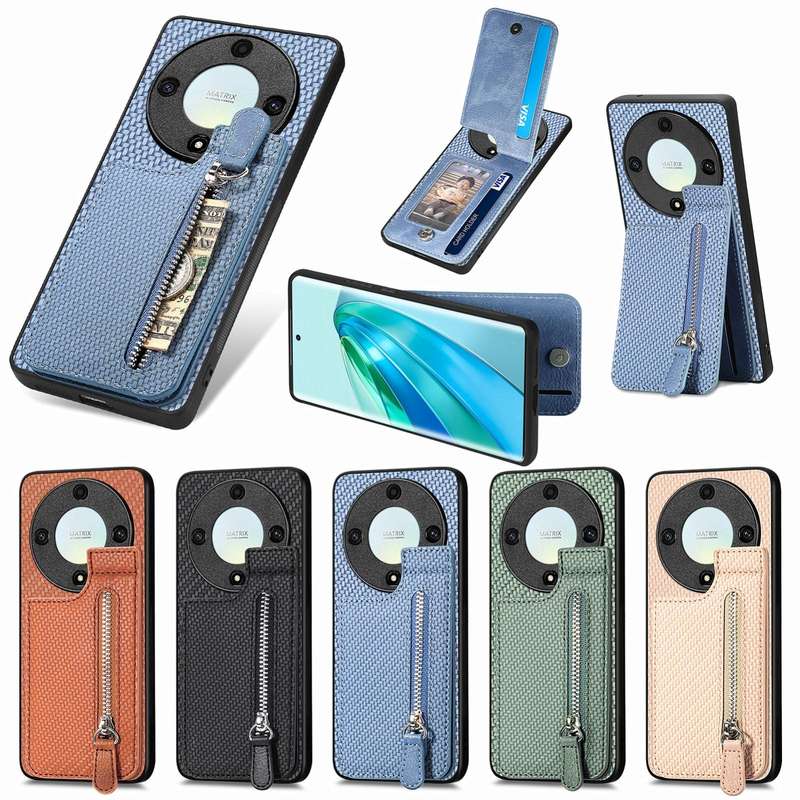 For Honor X9A Carbon Fiber Vertical Flip Zipper Phone Case(Blue)