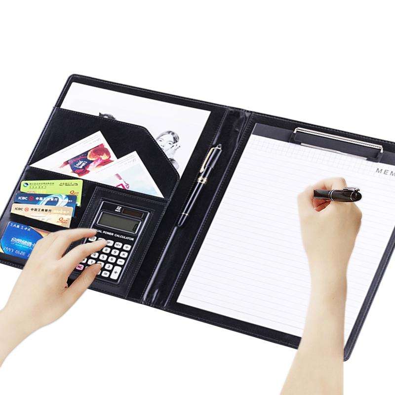 Office Supplies Business Style Leather Document Folder with 30-pages A4 Note Pad & Calculator (Bl...