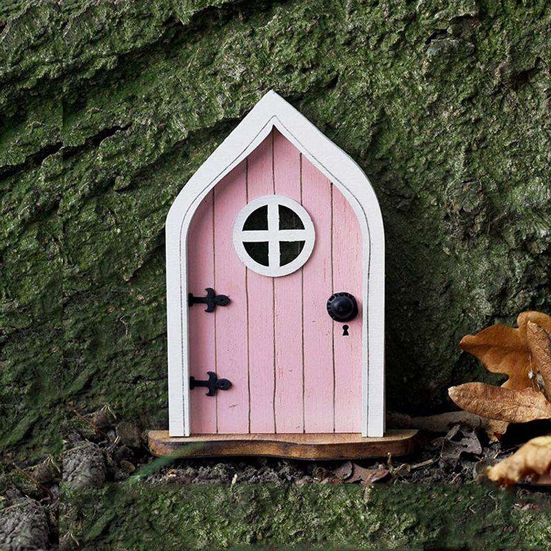 Courtyard Wooden Miniature Fairy Dwarf Door Tree Decoration(Window Door (Pink))