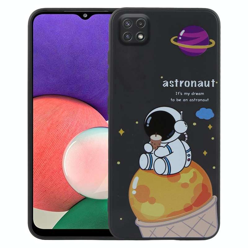 For Samsung Galaxy A22 5G Milk Tea Astronaut Pattern Liquid Silicone Phone Case(Black)
