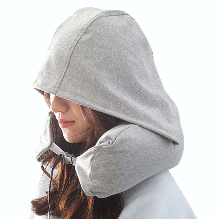 Portable Airplane Travel U-shaped Hooded Pillow Nap Time Neck Pillow(Light Grey)