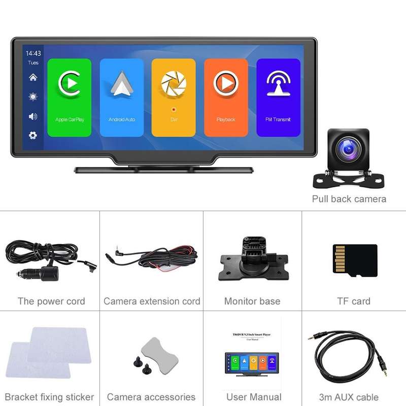 A3073 HD Wired 9.3 Inch 1 To 1 Smart Player With Wireless Carplay Two-way Video Split-screen Disp...
