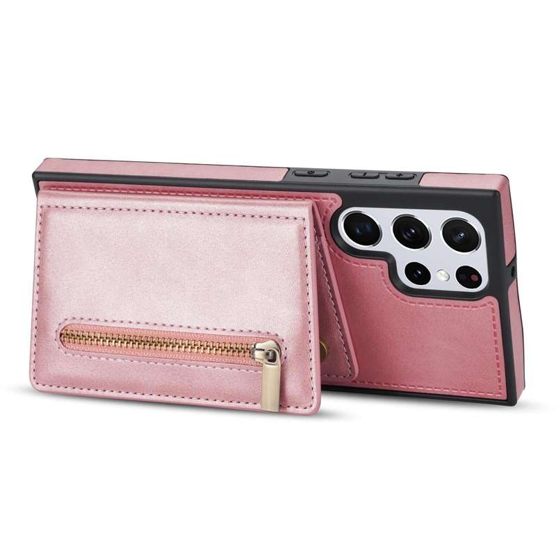 For Samsung Galaxy S22 Ultra 5G Zipper Card Holder Phone Case(Rose Gold)