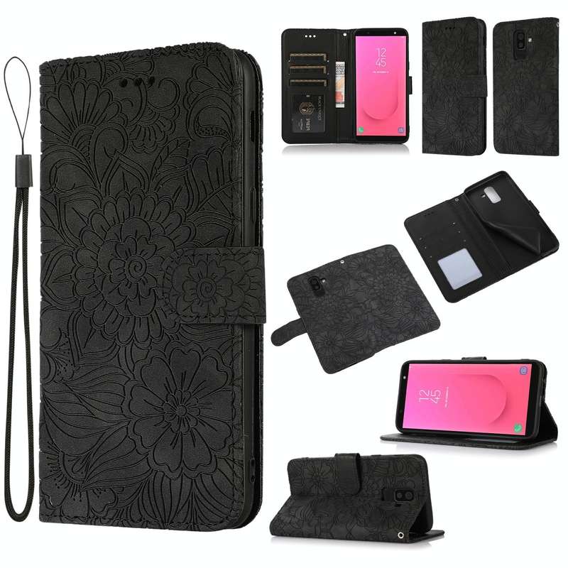 For Samsung Galaxy J8 Skin Feel Embossed Sunflower Horizontal Flip Leather Case with Holder & Car...
