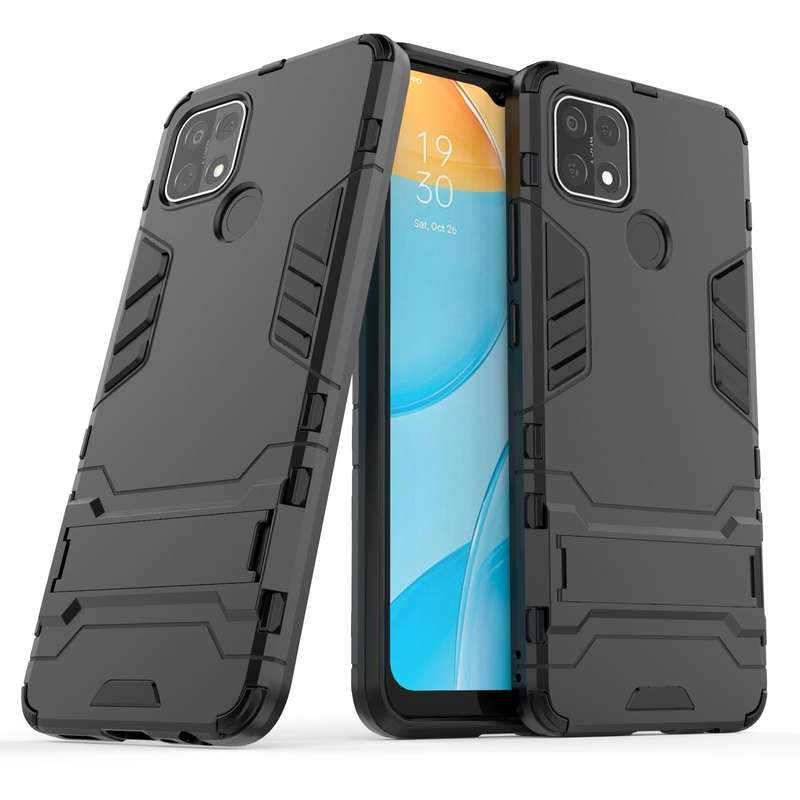For OPPO A15 Shockproof PC + TPU Protective Case with Hidden Holder(Black)