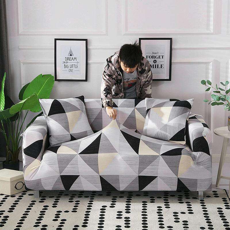 Fabric High Elastic All Inclusive Lazy Sofa Cover, Size: 3 Persons(Black Gray Geometry)