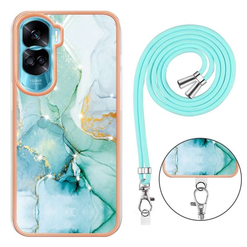 For Honor 90 Lite 5G Electroplating Marble Dual-side IMD Phone Case with Lanyard(Green 003)