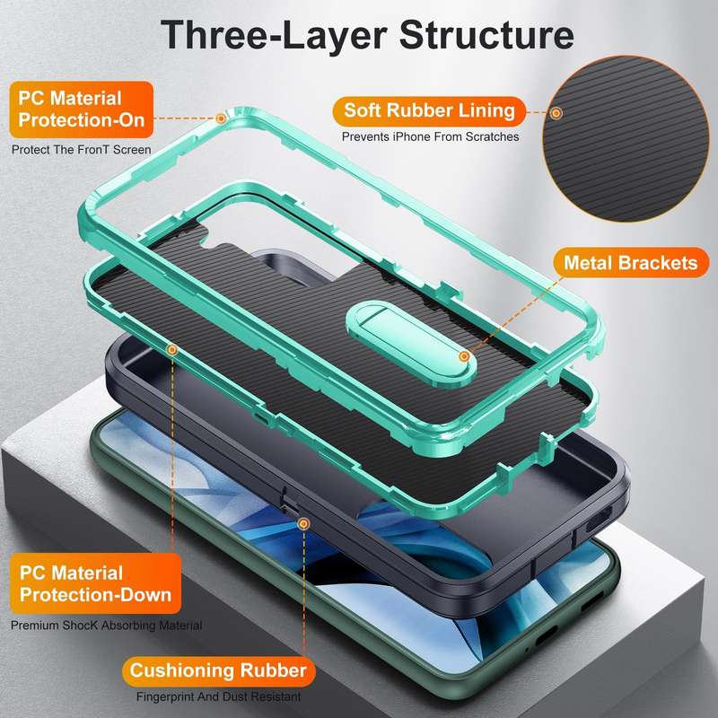 For Samsung Galaxy S22 5G 3 in 1 Rugged Holder Phone Case(Dark Blue+Light Blue)
