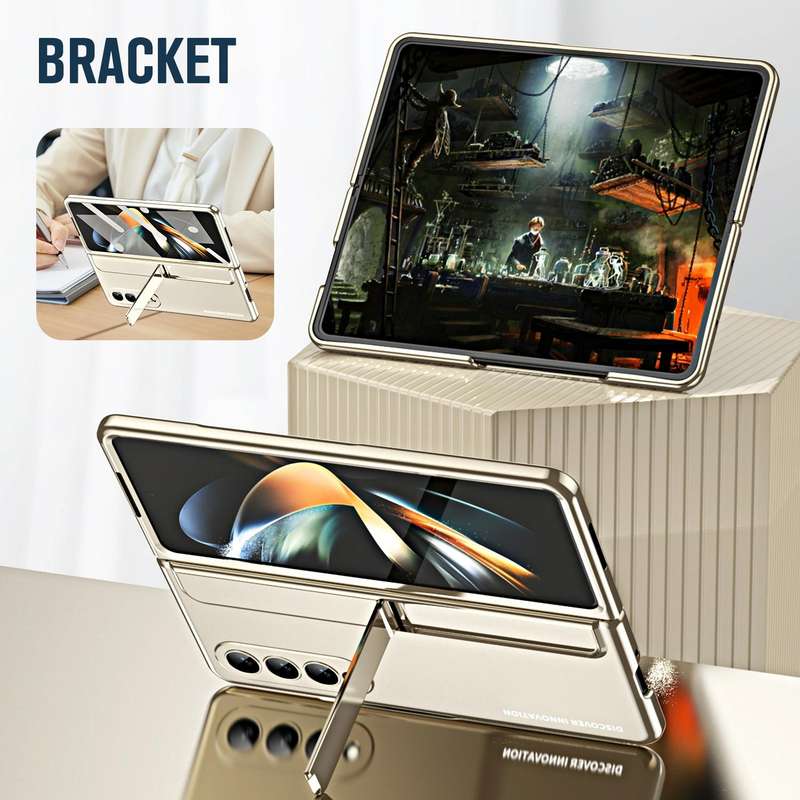 For Samsung Galaxy Z Fold4 2 in 1 Detachable PC Folding Phone Case with Holder & Pen Slot(Gold)