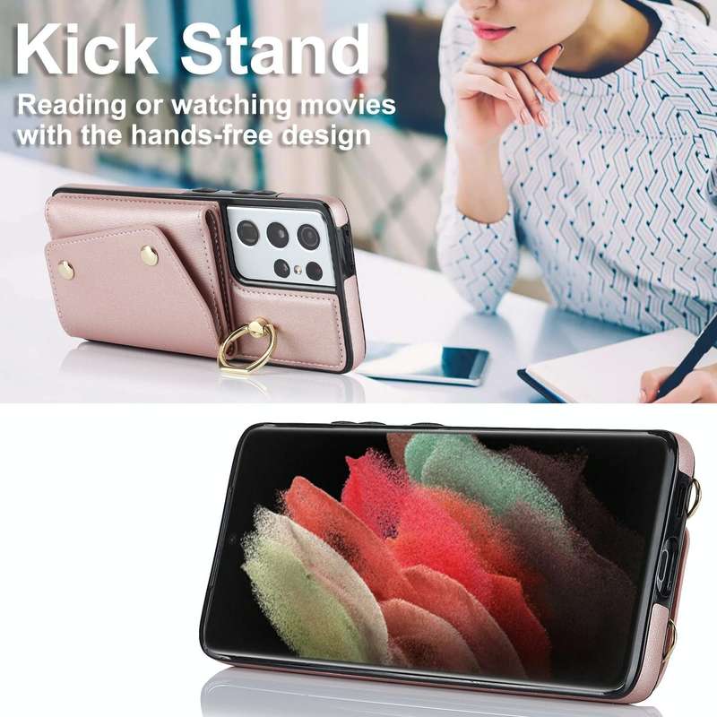 For Samsung Galaxy S21 Ultra 5G Zipper Card Bag Phone Case with Dual Lanyard(Rose Gold)