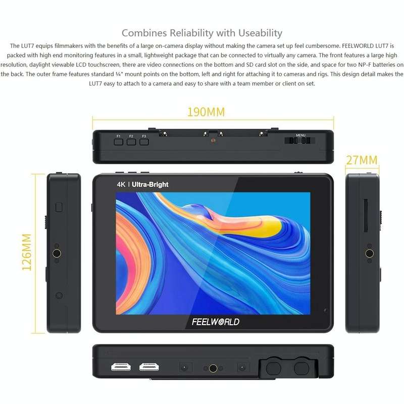 FEELWORLD LUT7 1920x1200 2200 nits 7 inch IPS Screen HDMI 4K Touch Screen Camera Field Monitor