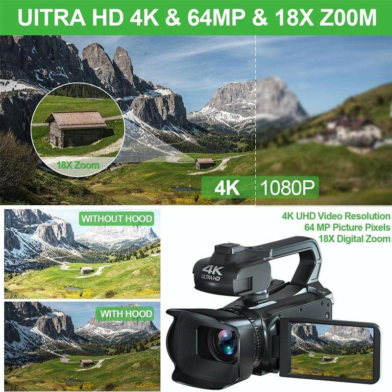 KOMERY RX200 64MP 18X Zoom 4-Inch Touch Screen Handheld Digital Video Camera(Black)