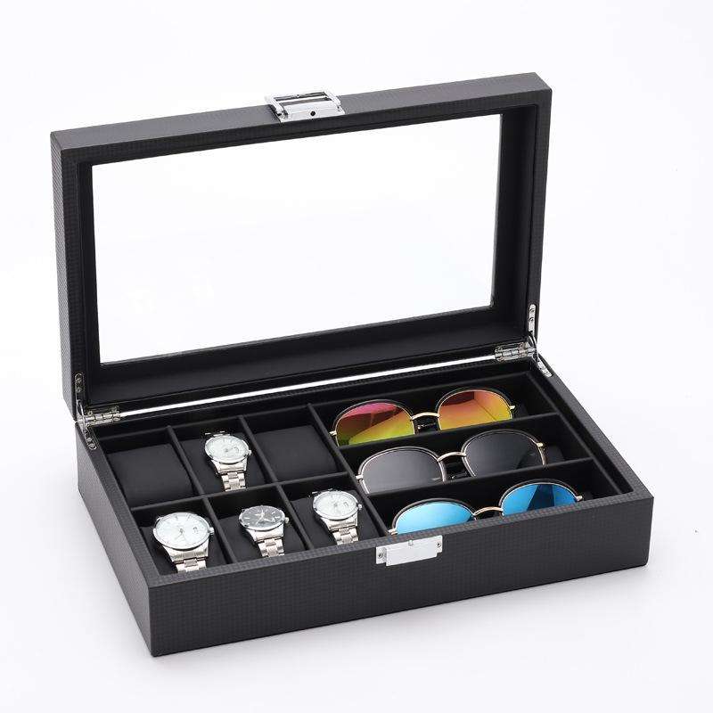 6+3 PU Watch Glasses Case Carbon Fiber PU Skin Watch Box Sunglasses Box(Brown)