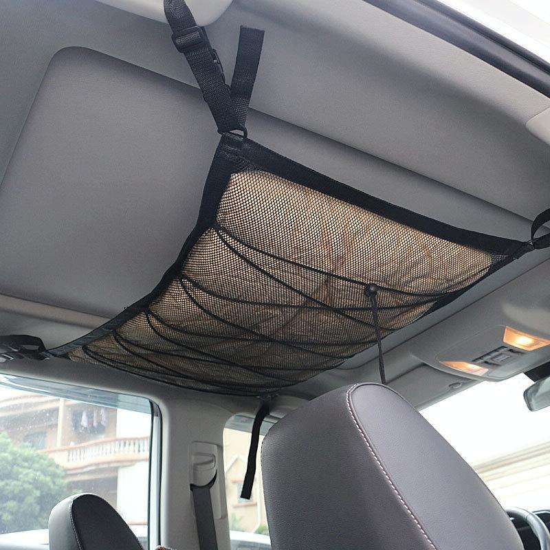 Car Ceiling Storage Net Bag Draw Rope Double-Layer Zipper Car Storage Net Pocket(80x55cm)