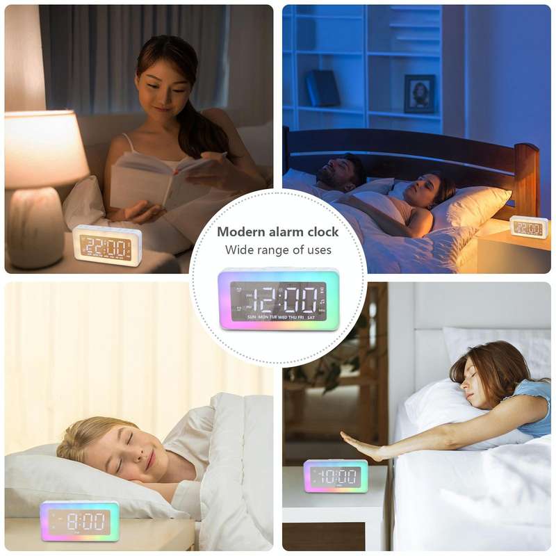 Color Changing LED Light Mirror Alarm Clock Built-in 8 Natural Music(White)