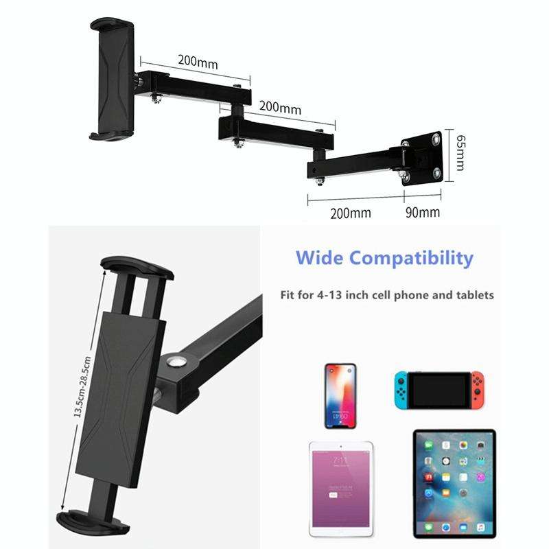 Wall Mount Tablet Cell Phone Stand Long Arm Stretchable Holder for 4-13 Inch Devices(3 Sections)