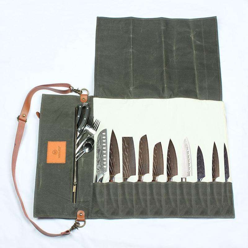 WESSLECO Canvas Roll Chef Knife Storage Bag(Army Green)