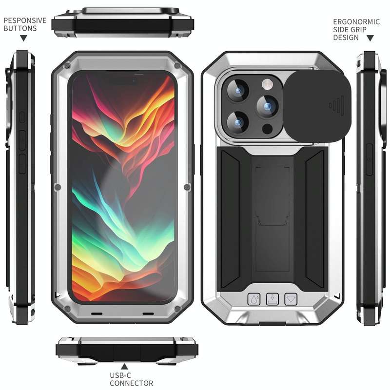 For iPhone 15 Pro Max R-JUST Sliding Camera Life Waterproof Holder Phone Case(Silver)