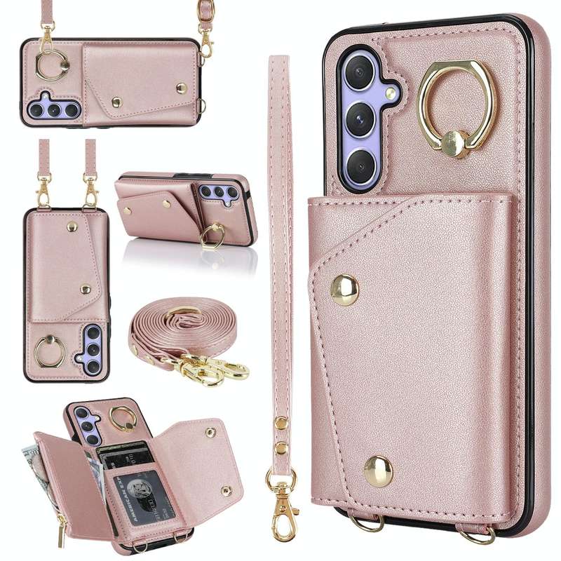 For Samsung Galaxy A54 5G Zipper Card Bag Phone Case with Dual Lanyard(Rose Gold)