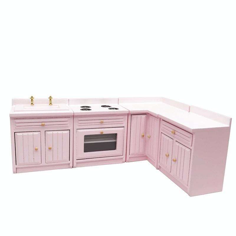 1:12 Mini Doll House Kitchen Cabinet Dining Table Sink Combination Model Toy(Pink)