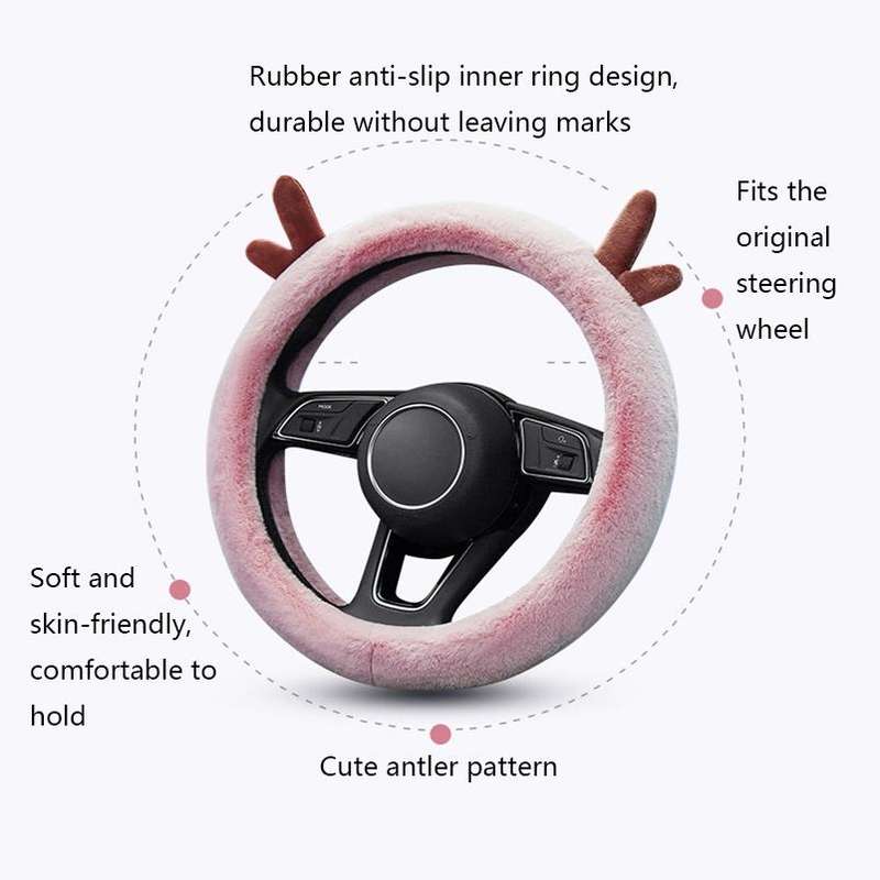 Antler Thick Plush Steering Wheel Cover, Style: D Type (Pink)