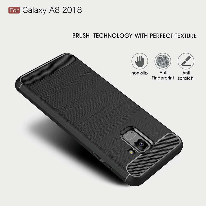 For Galaxy A8 (2018) Brushed Texture Carbon Fiber Shockproof TPU Protective Back Case (Black)