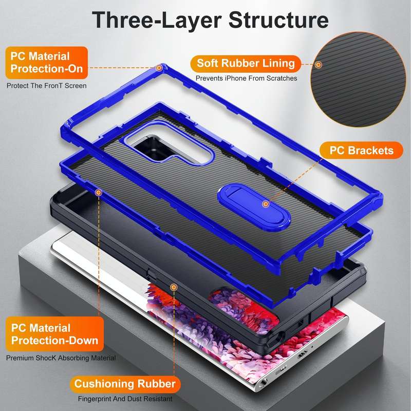 For Samsung Galaxy S23 ultra 5G 3 in 1 Rugged Holder Phone Case(Dark Blue+Sapphire Blue)