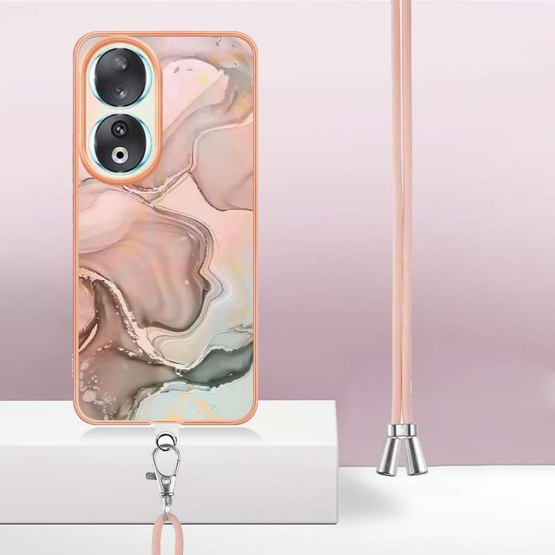 For Honor 90 5G Electroplating Marble Dual-side IMD Phone Case with Lanyard(Rose Gold 015)