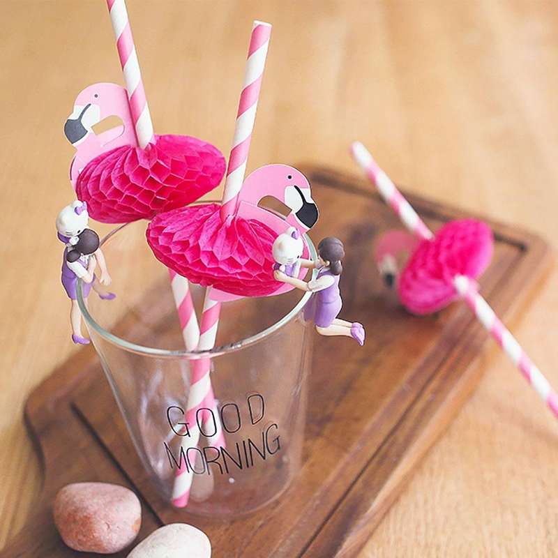 50 PCS 3D Flamingo Jungle Paper Straws Party Decorations Cocktail Straw(Rose Red)