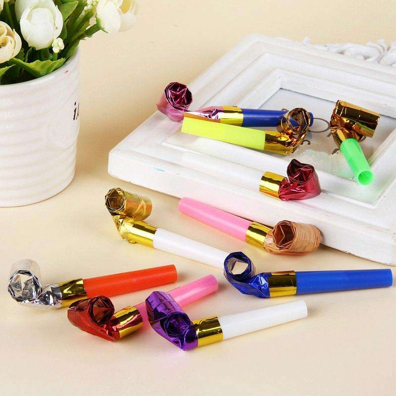 100 PCS Children Small Toy Plastic Whistle Birthday Party Cheering Small Gift Gold Paper Blowing ...